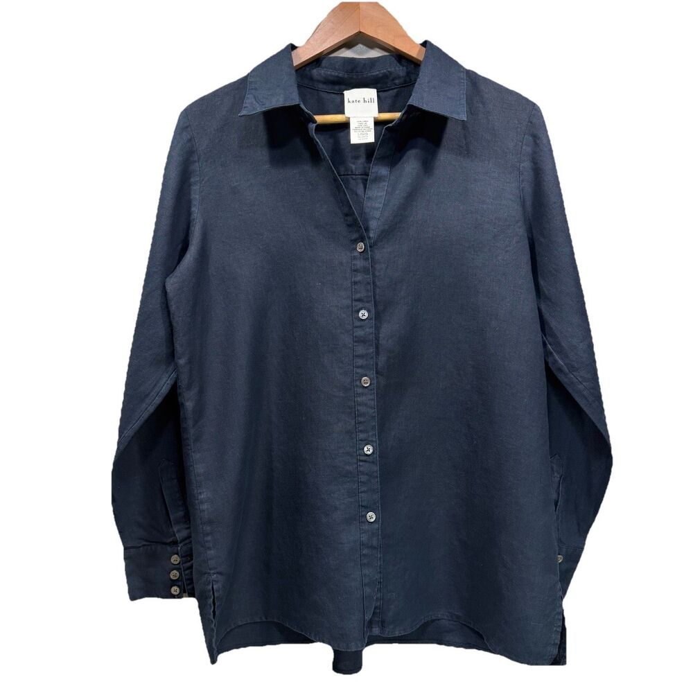 KATE HILL Womens Size L  100% Linen Long Sleeve Button Up Shirt Navy Minimalist